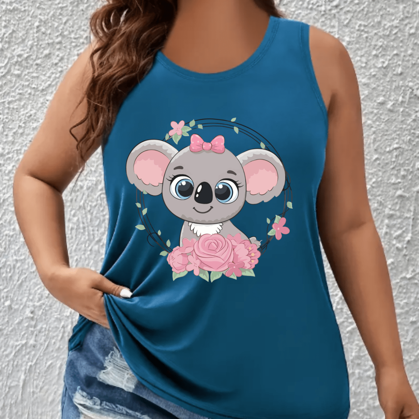 Top sin mangas de mujer talla grande con hombros descubiertos y estampado de koalas y flores