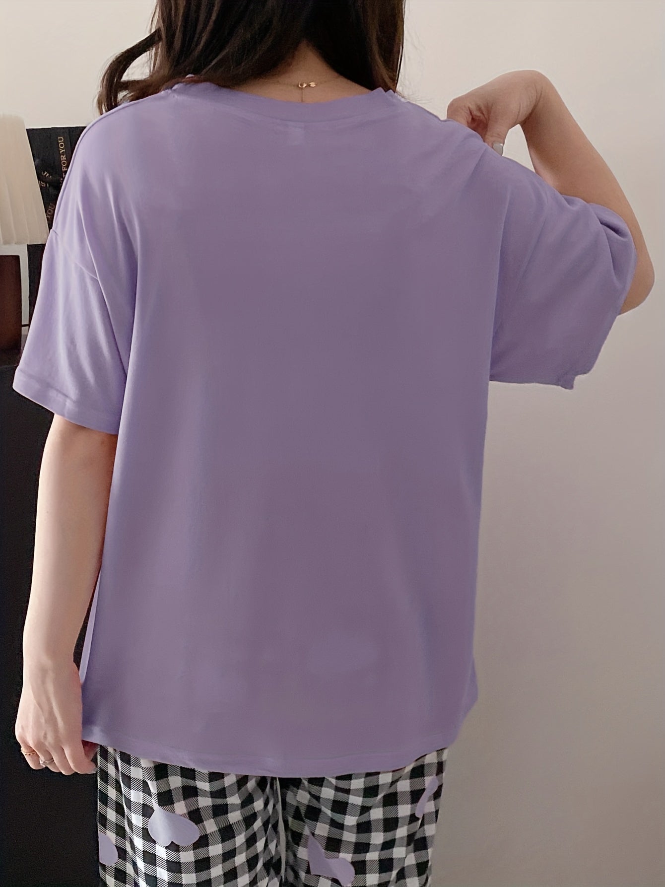 Women's Plus Size Pajama Set Light Purple Heart Checkered Lounge Wear