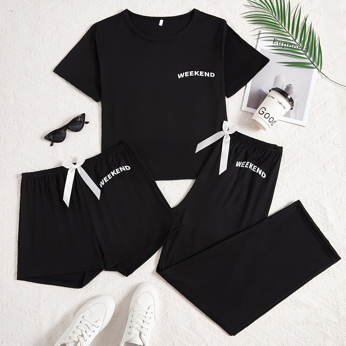 Women's Letter Print Casual Pajama Set Short Sleeve Top Shorts Pants All-Season