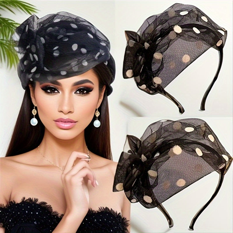Wide-Brim Headband with Polka Dot Mesh and Bow for Summer Events