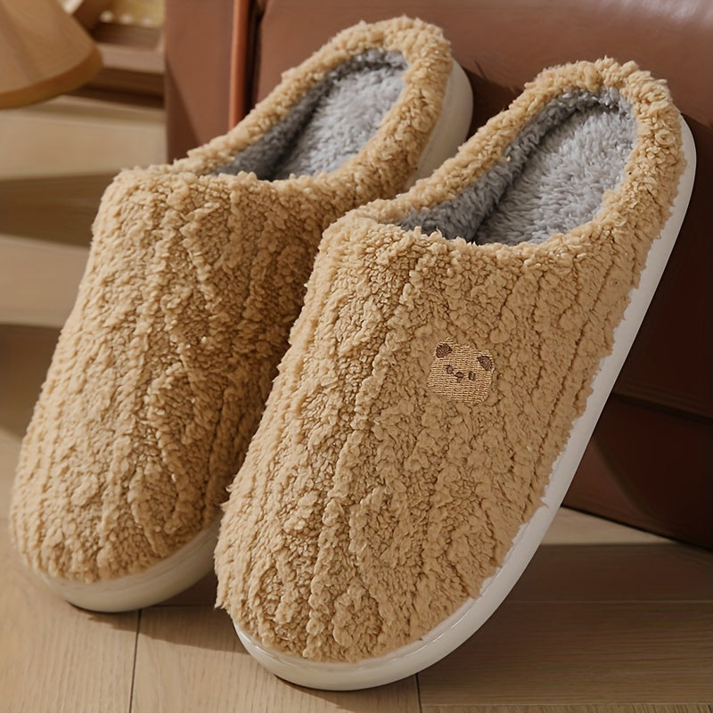 Winter Fleece-Lined House Slippers for Men and Women Solid Color TPR Sole