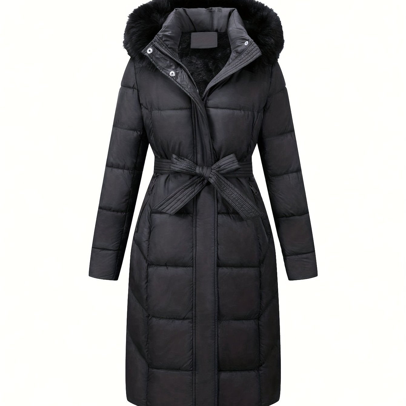 Women's Midi Winter Coat with Faux Fur Hood Belt Solid Polyester Outerwear