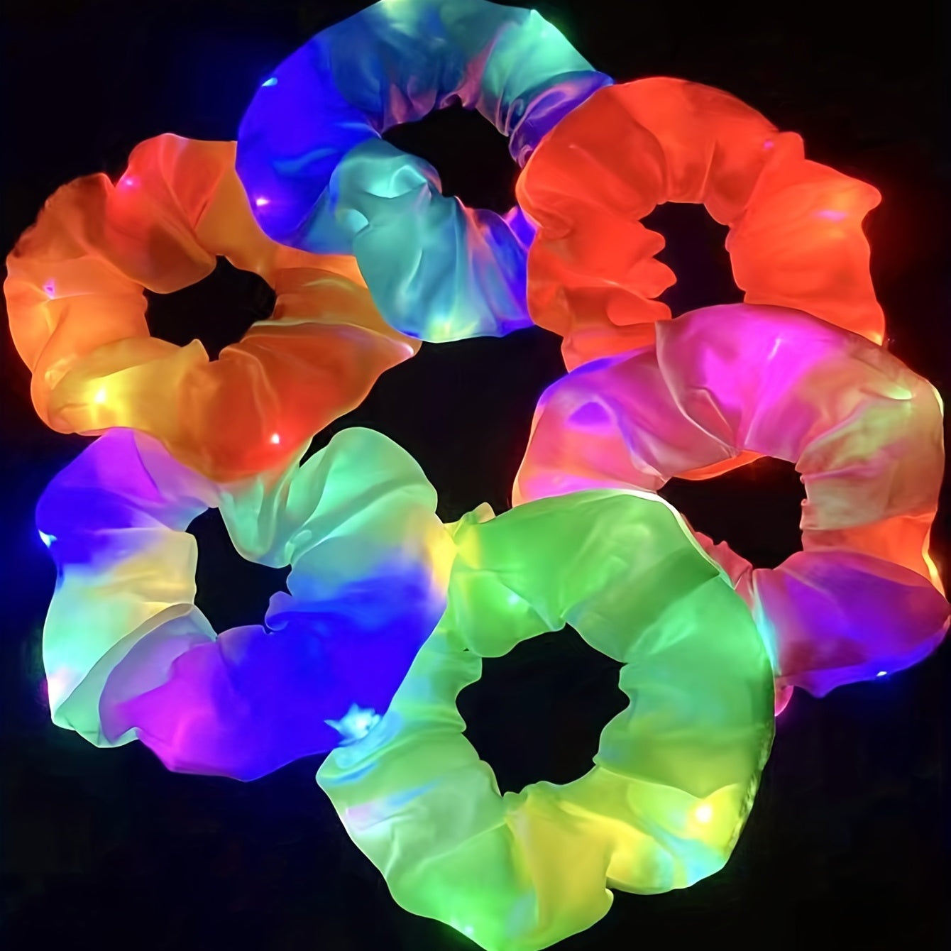 Set of 6 Neon LED Hair Scrunchies in Various Colors Light Up Hair Ties for Women at Parties and Festivals