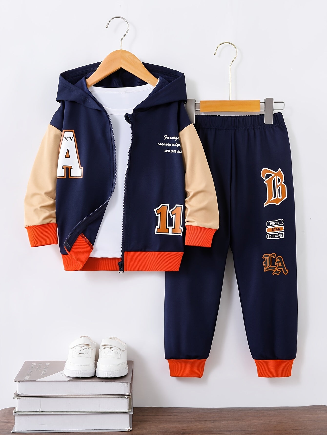 Boys Kids Hooded Baseball Jacket and Joggers Set Fall Winter Casual Street Style