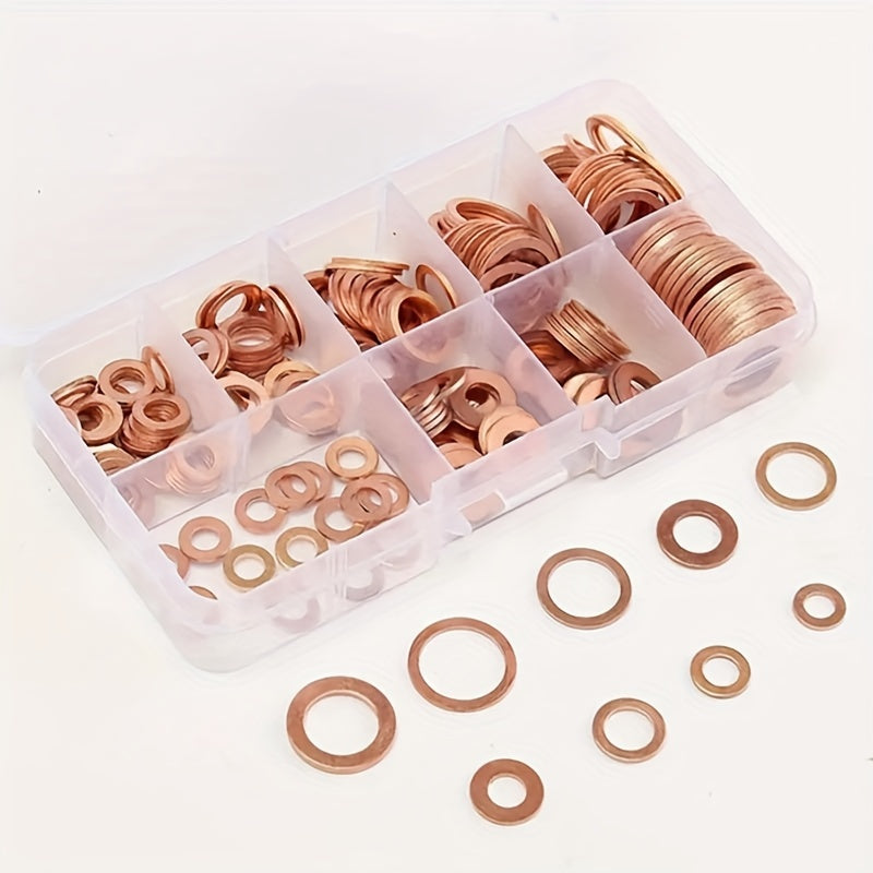 100pcs Copper Washer Gasket Nut and Bolt Set Flat Ring Seal Assortment Kit