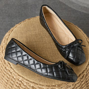 Women’s Black Quilted Slip-On Flats with Bow, Non-Slip Soft Sole