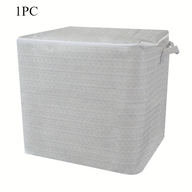 Large Fabric Storage Box with Lid Herringbone Pattern for Clothes and Bedding