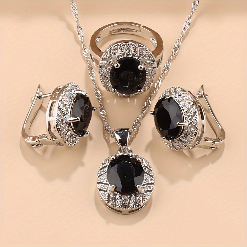 Silver-Plated Bridal Jewelry Set with Cubic Zirconia Necklace Earrings Rings 4 Piece