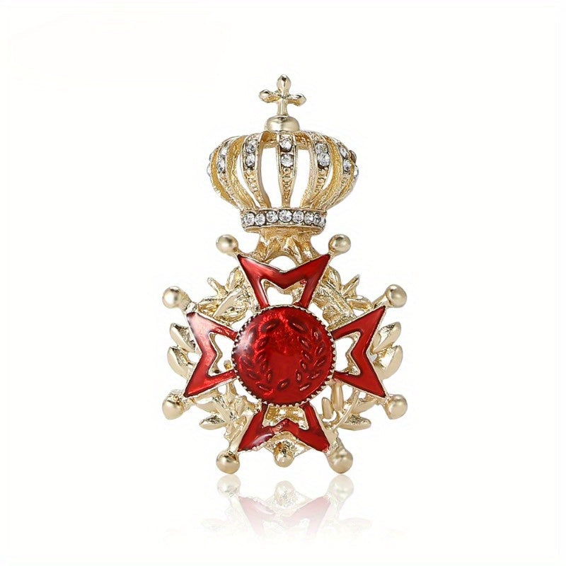 Vintage uslubidagi X shaklidagi brosh pin, rhinestone toj va qizil emal medal bilan - Ofis va partiya kiyimlari uchun genderga neytral qotishma va tosh aksessuar - Mukammal sovg'a tanlovi