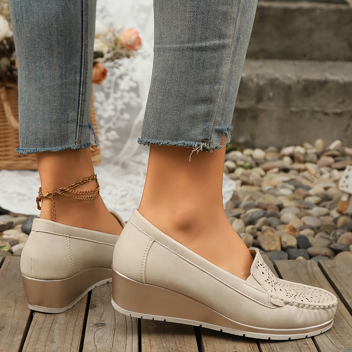 Women's Beige Slip-On Loafers with Perforated Design, Breathable, Lightweight