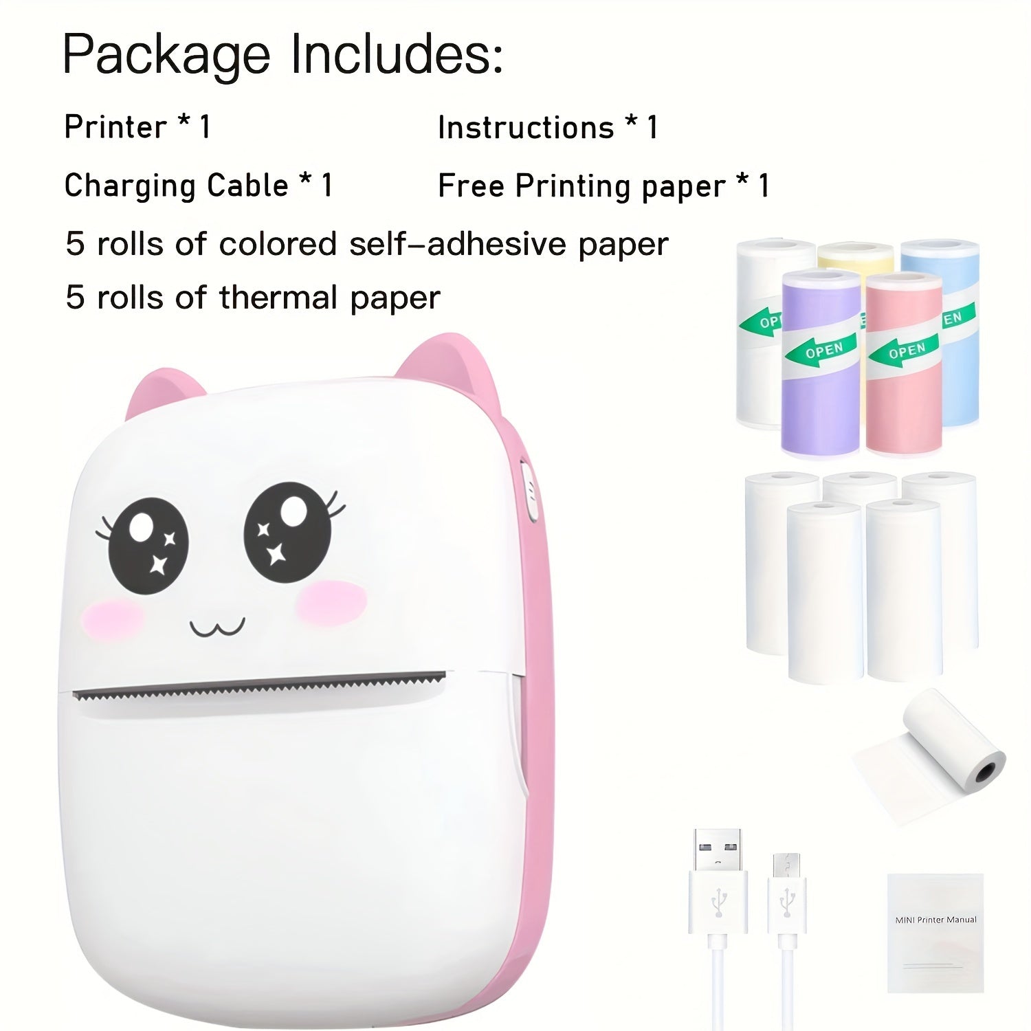 Portable Mini Thermal Printer with 10 Rolls Wireless USB Charging for Notes Receipts Labels