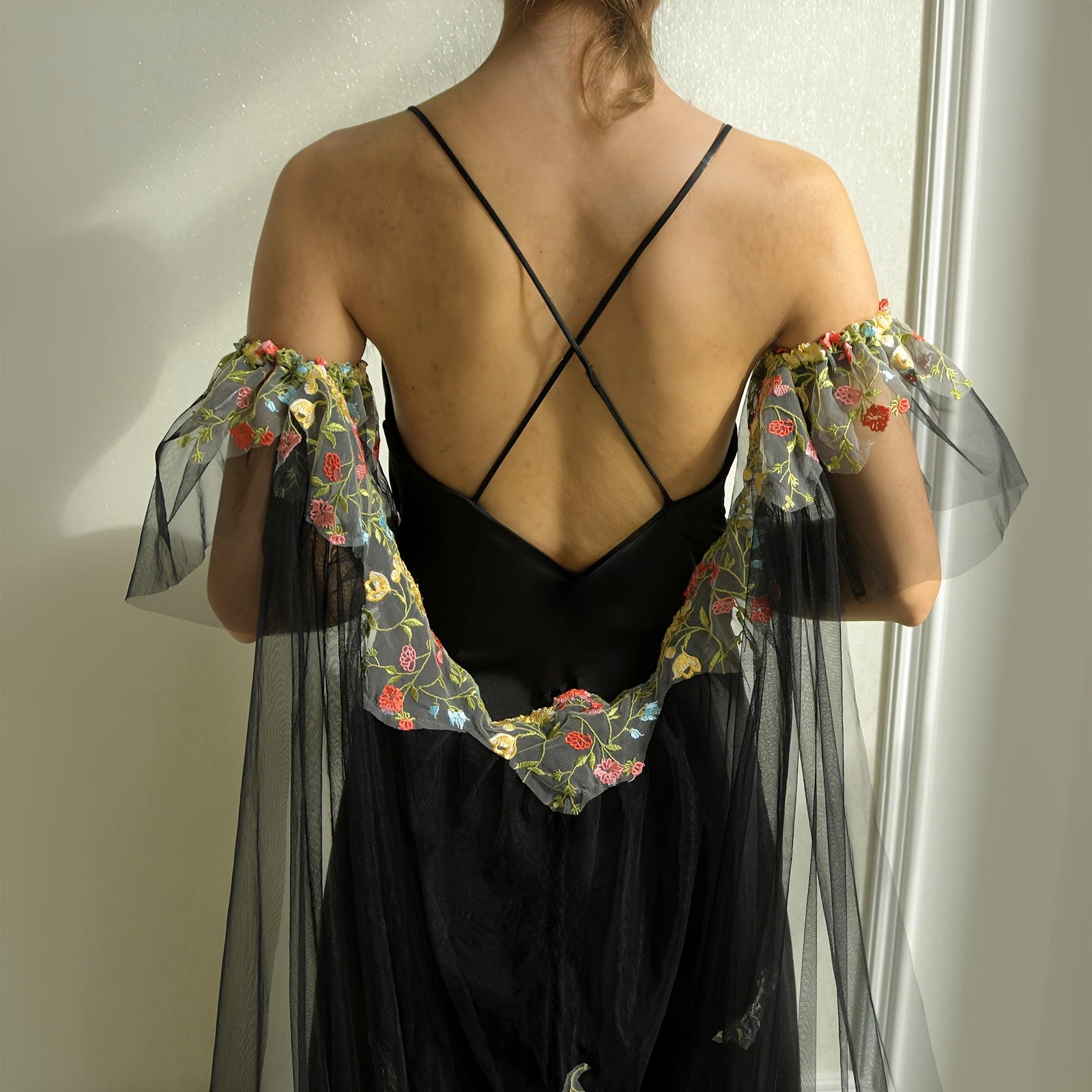 Black Bridal Shawl with Colorful Lace Trim and Sleeves for Wedding