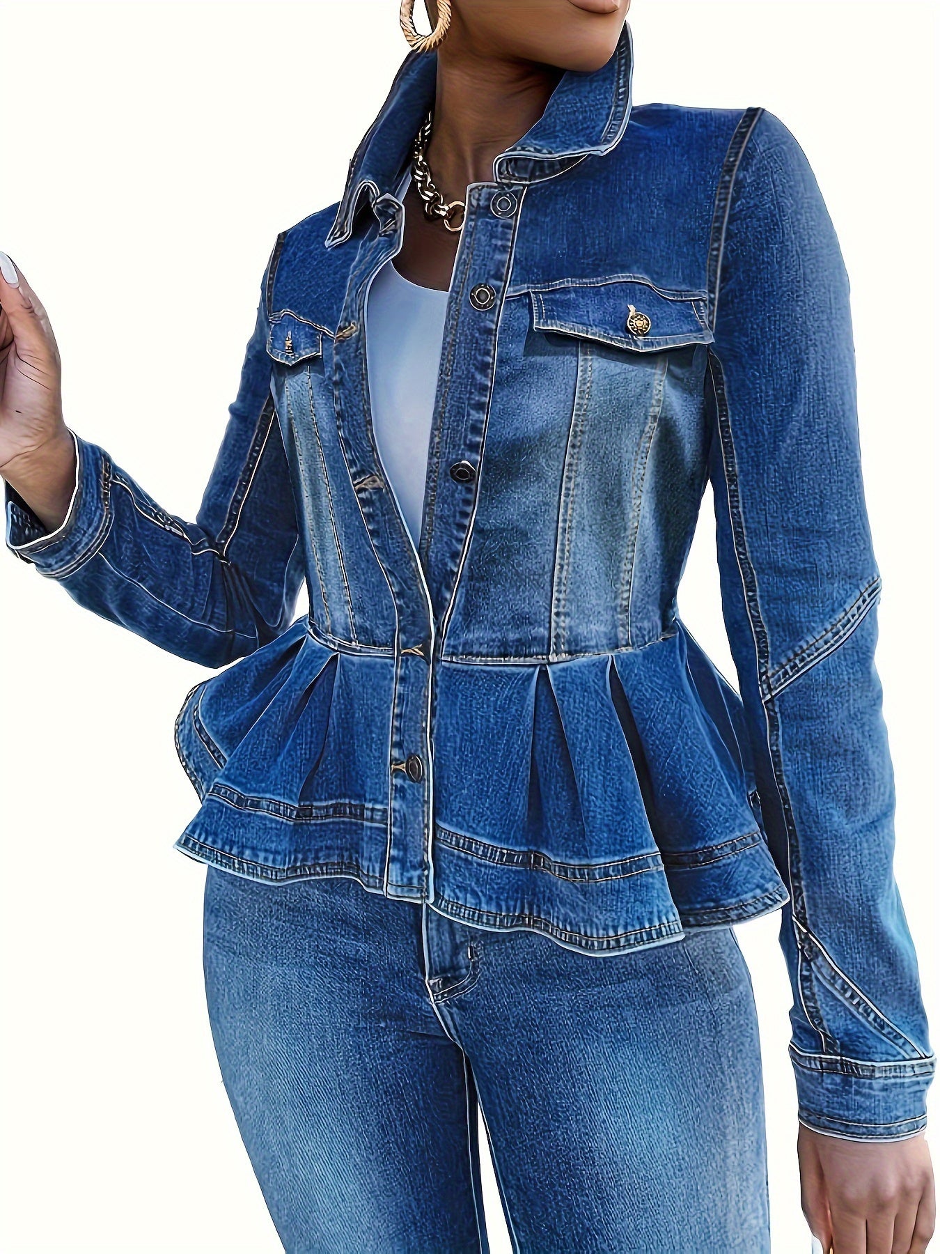 Women's Plus Size Denim Jacket Ruffle Hem Washed Blue Lightweight
