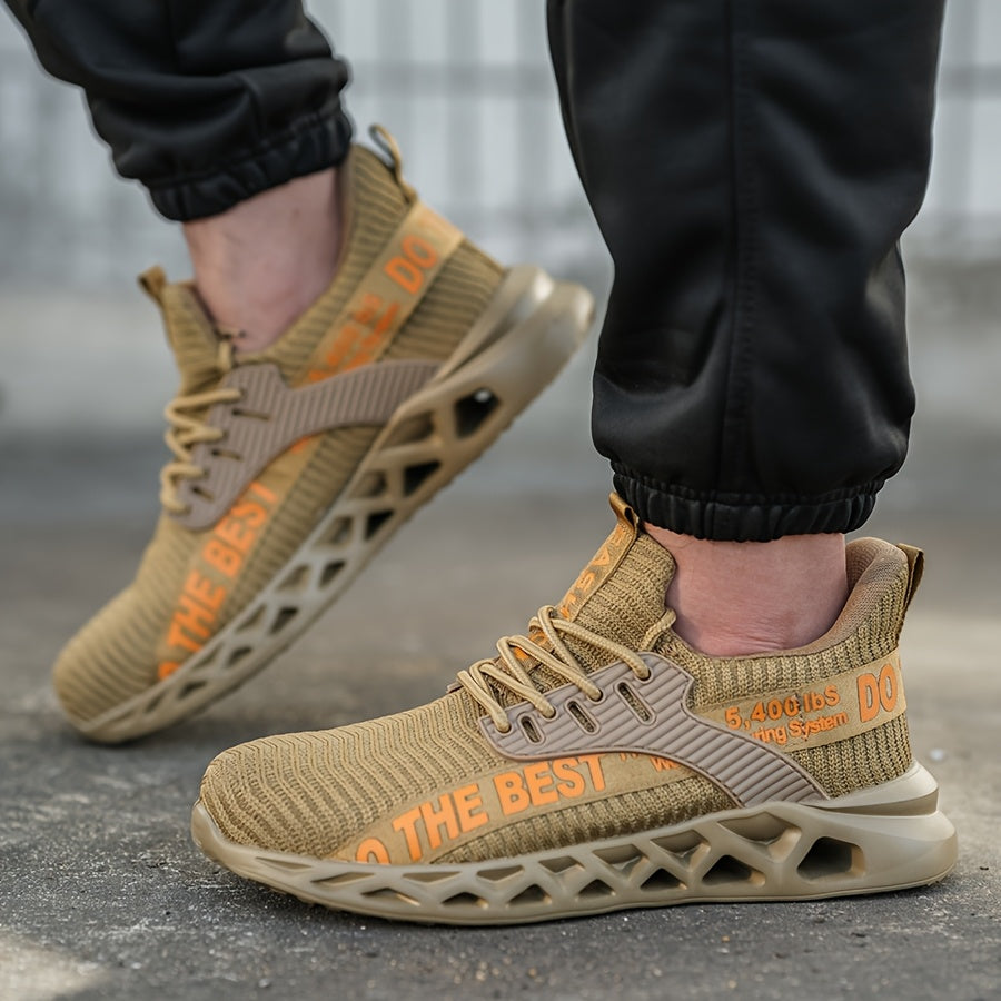 Women'S Plus Size Safety Sneakers Breathable Knit Beige Steel Toe Anti-Puncture