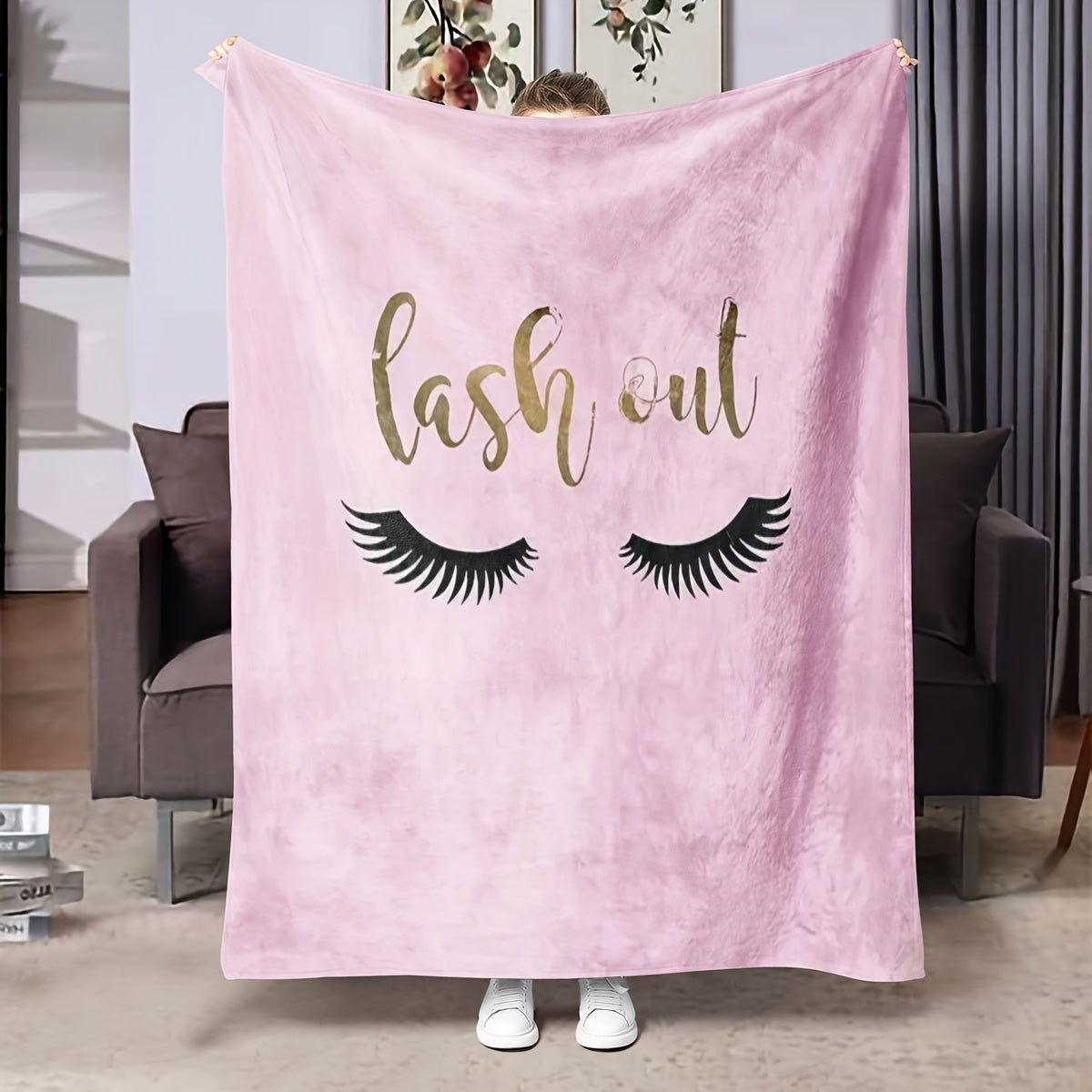Pink Flannel Throw Blanket with Eyelash Print for Girls Women Moms All-Season Cozy Bed Sofa Chair