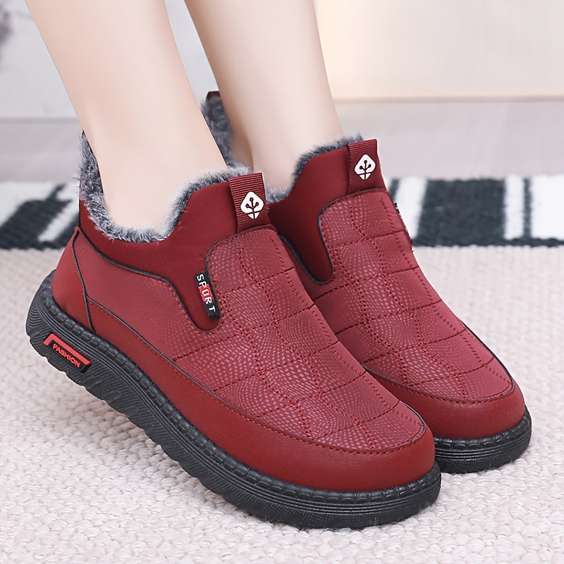 Women's Fleece-Lined Slip-On Ankle Boots Casual Solid Color Fabric