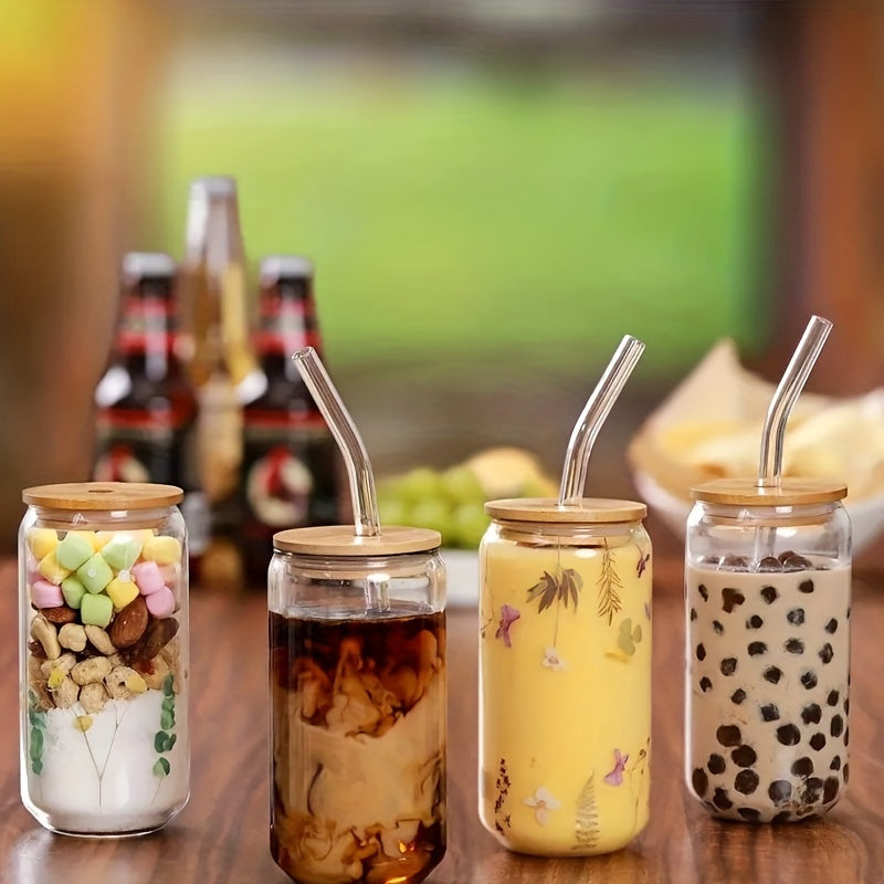 Set of Drinking Glasses with Bamboo Lids and Glass Straws 16oz Can Shaped Cups for Beer Iced Coffee Cocktails