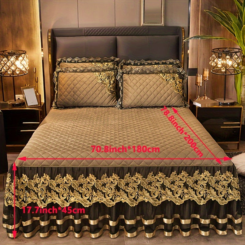 Solid Color Bed Skirt and Pillowcase Set with Lace Detail Quilted Ruffled Design