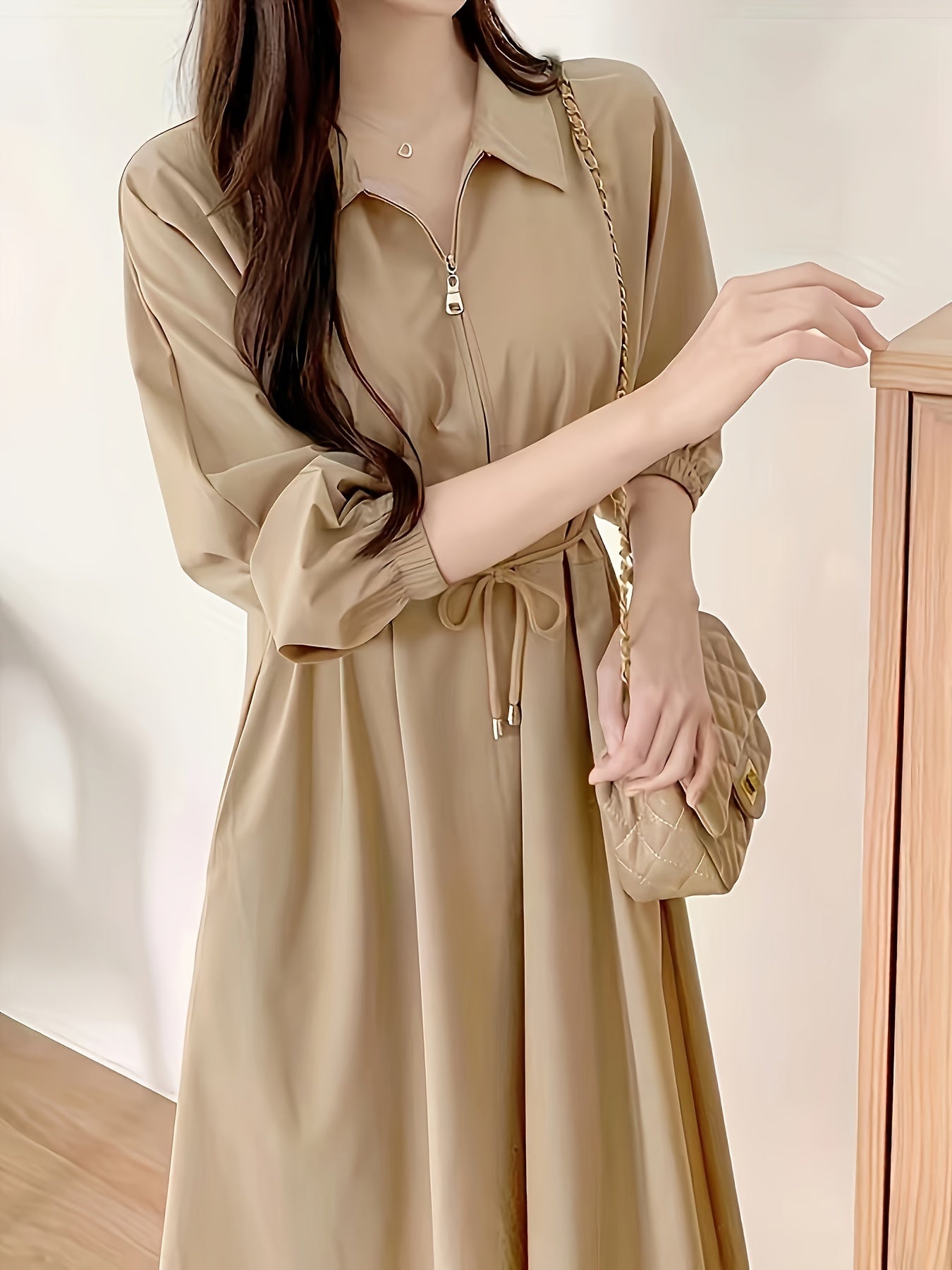 Women's Solid Color Midi Dress with Lapel Collar Zipper Pockets Long Sleeve Polyester