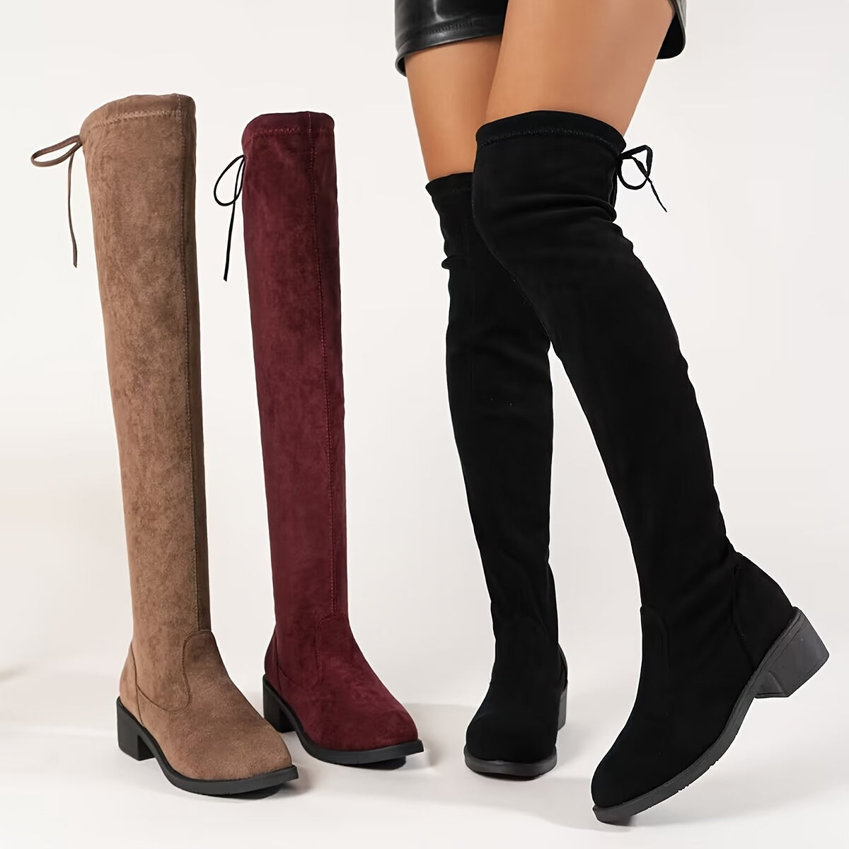 Women's Long Chunky Low Heel Pull-On Boots with Drawstring and Round Toe