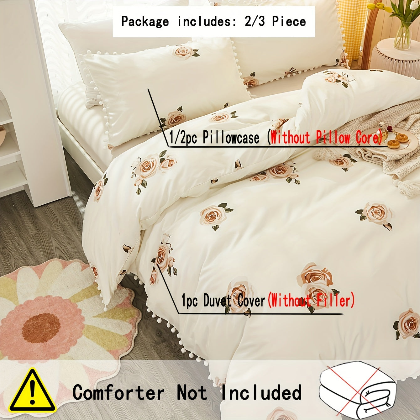 Set of 3 Pastoral Flower Print Duvet Cover Set with Pompom Details Soft Cozy Bedding for Bedroom or Guest Room