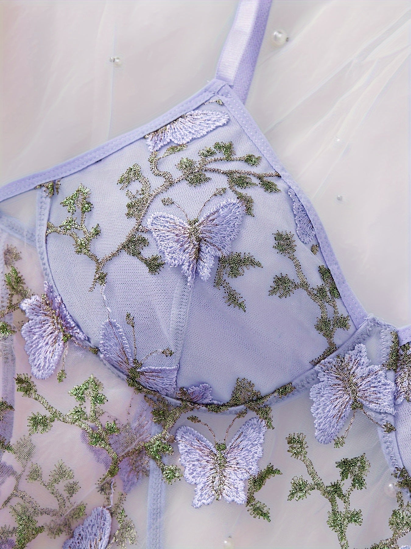 Women's Mesh Lingerie Set with Embroidered Butterfly Details Sheer V-Neck Slip Dress and Thong