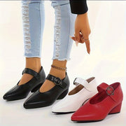 Women's Summer Ankle Strap Heels with Pointed Toe Buckle Closure Water-Resistant Solid Color Low Block Heel