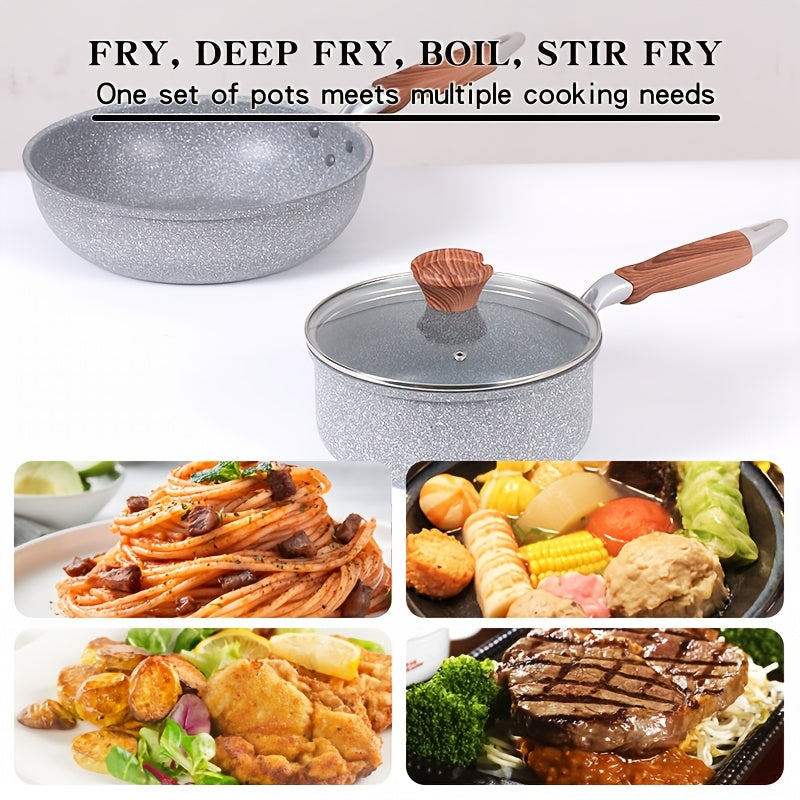 Maifan tosh non-stick oshxona to'plami, 3 ta qism, yog'och tutqichlar va shisha qopqog'lar bilan