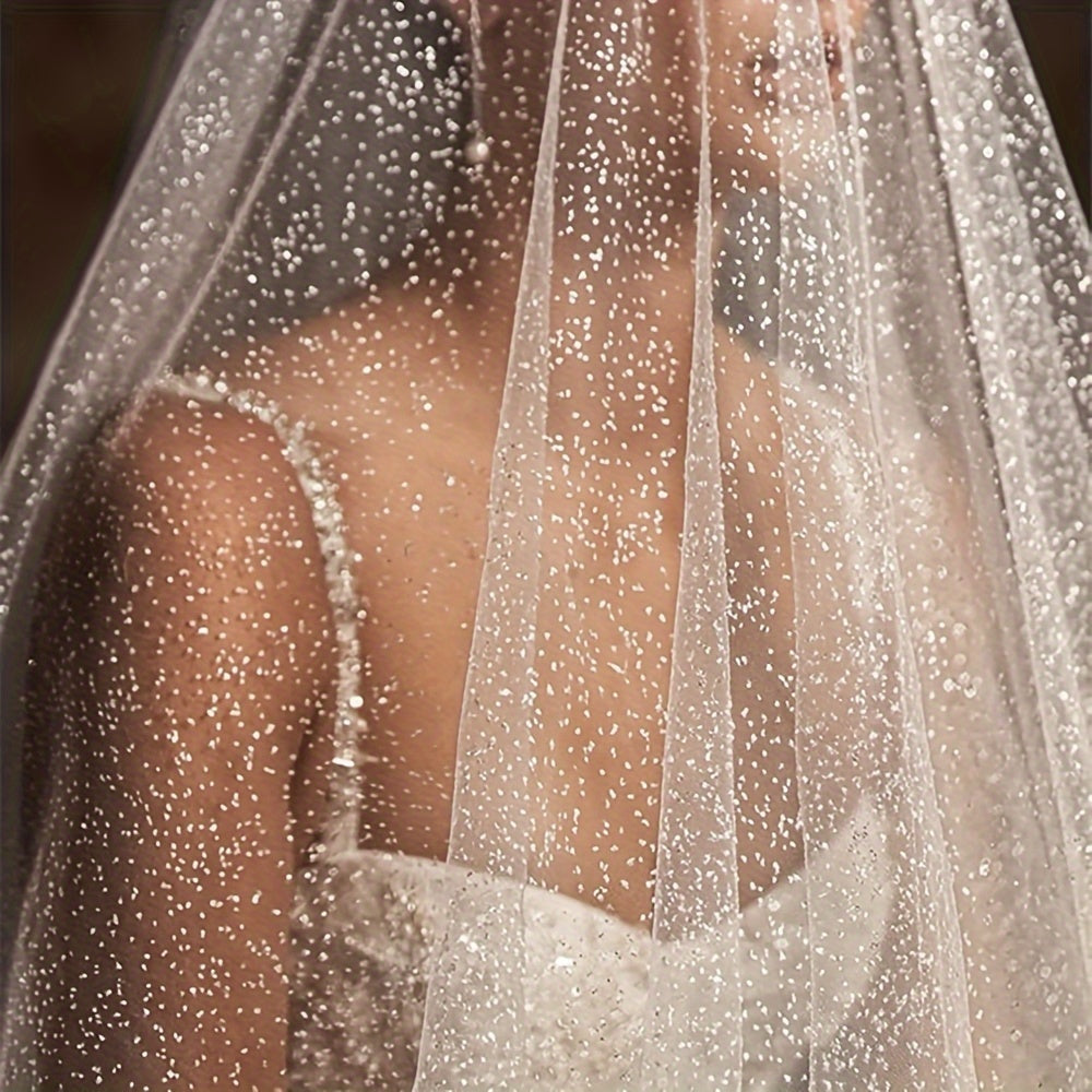 Bridal Veil with Gold Stampings Polyester for Weddings and Events