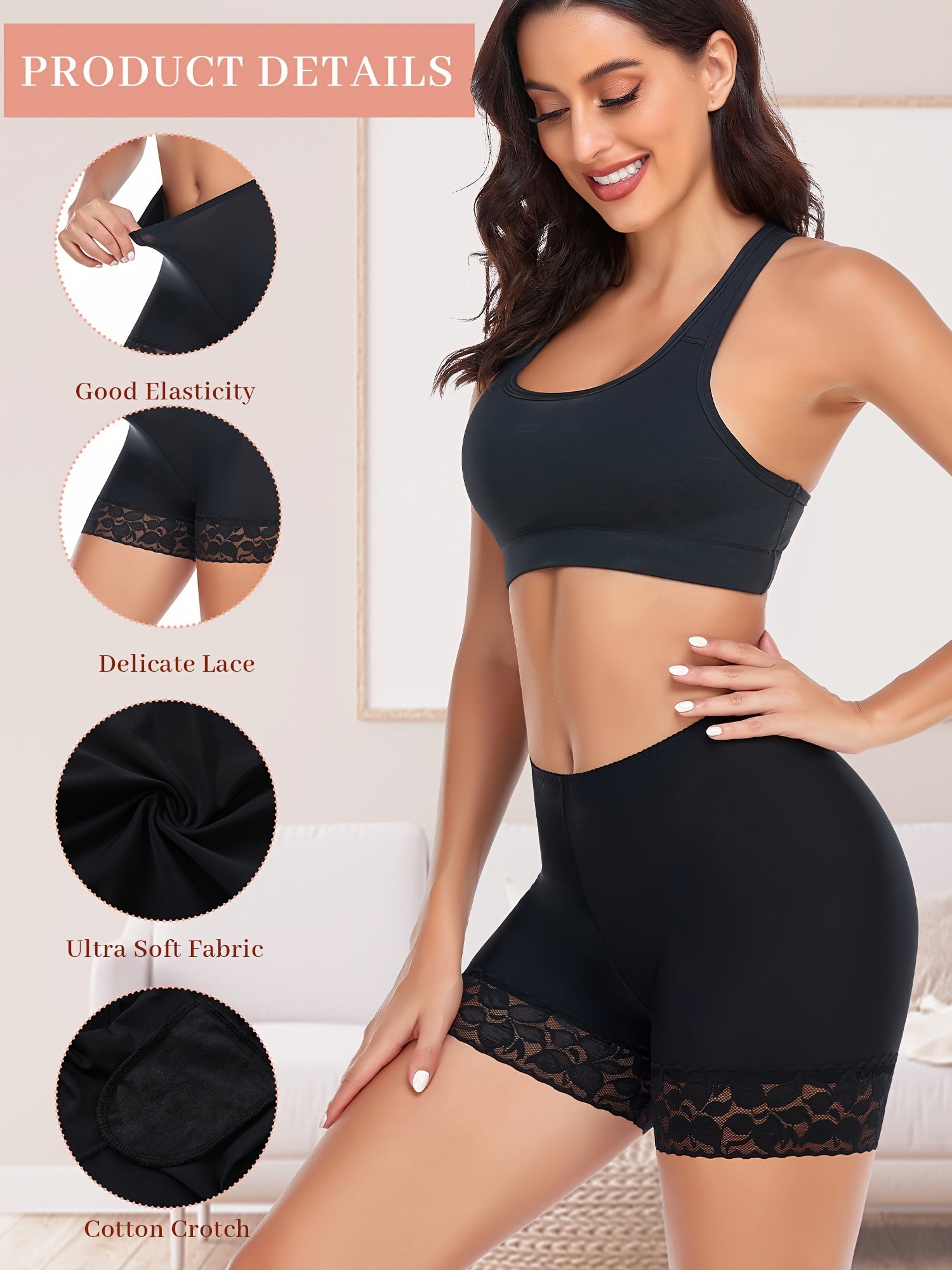 Women's Seamless Lace Boyshorts for Chafing Prevention Solid Color Nylon Spandex