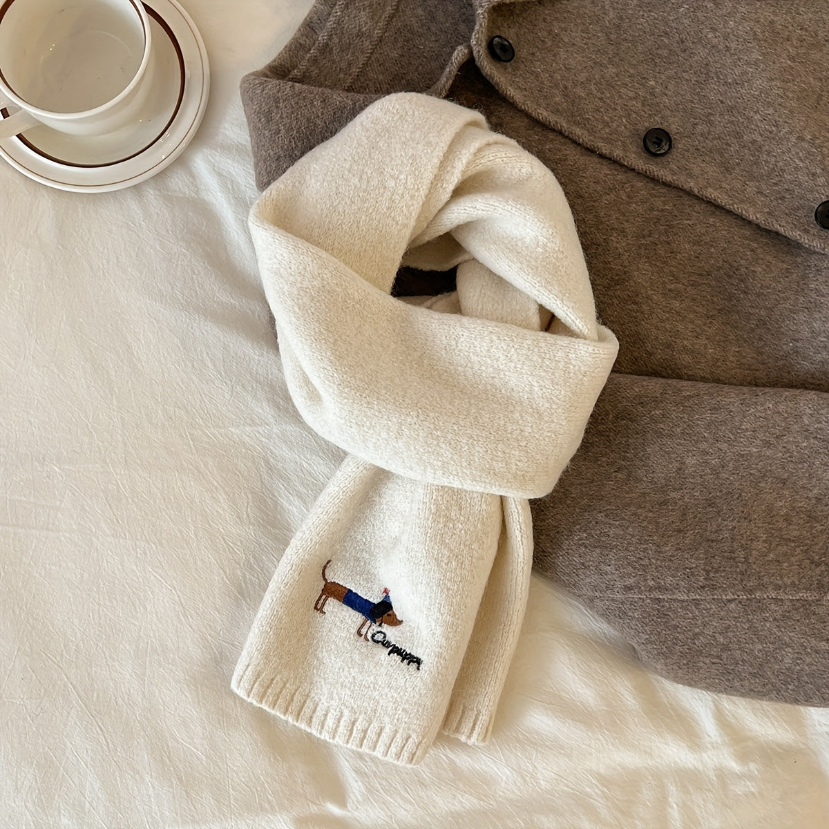 Women's Gray Wool Blend Knit Puppy Scarf Embroidered Neck Warmer Winter Windproof