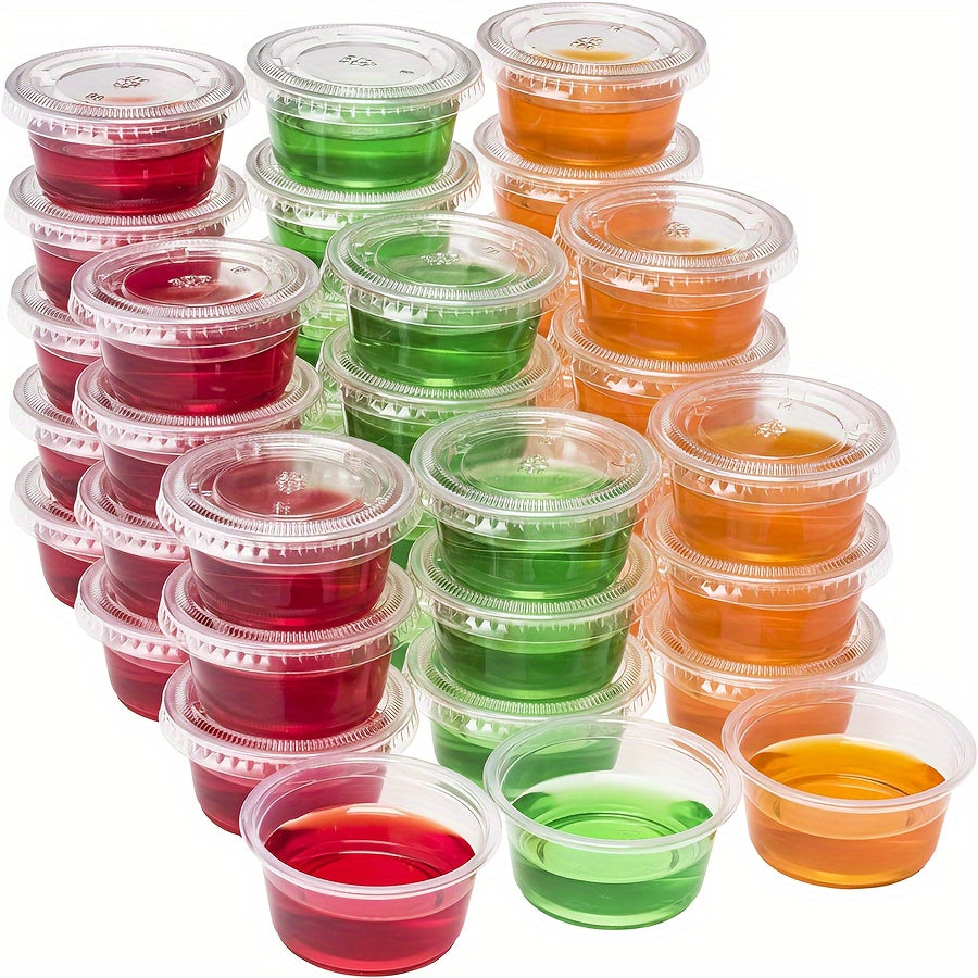 50 ta paket 2 oz plastik oziq-ovqat saqlash konteynerlari, qopqog'lari bilan, qayta ishlatiladigan dumaloq stakanlar