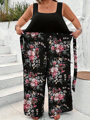 Women's Plus Size Floral Print Sleeveless Jumpsuit with Belt Black Pink White