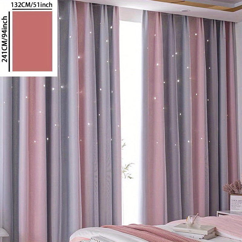 Gray Pink Gradient Star Sheer Two Layer Curtain for Living Room Bedroom Office