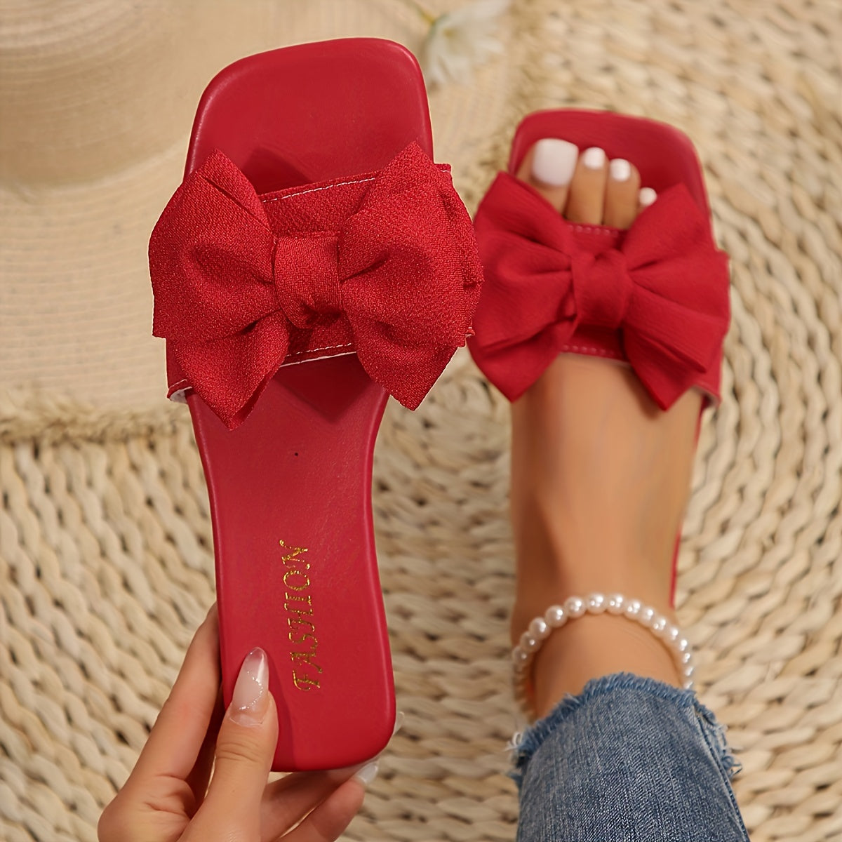 Women's Plus Size Open-Toe Slip-On Sandals with Black Bow Summer Beach