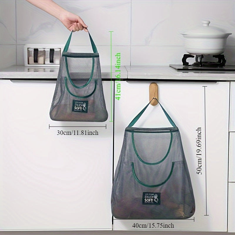 Mesh Kitchen Storage Bag for Fruits Vegetables Wall-Mounted Organizer with Green Handles