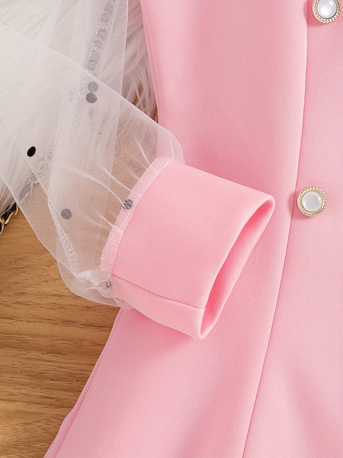 Girls Midi Dress with Mesh Overlay Long Sleeves Solid Color Summer Fashion Fake Buttons