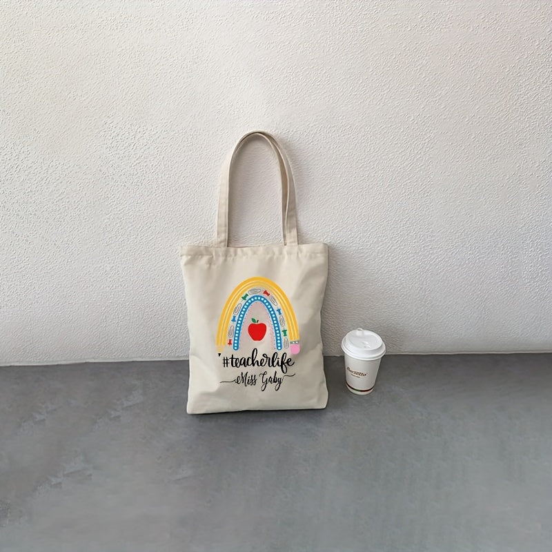 Personalized Name Teacher Rainbow Pattern Tote Bag for Back to School Reusable Shoulder Bag