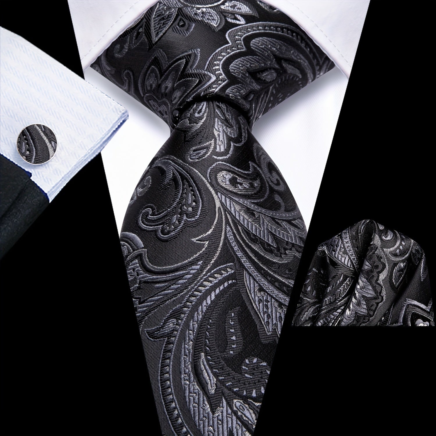 Men's Jacquard Woven Black Tie Set with Cufflinks and Hanky for Weddings and Business