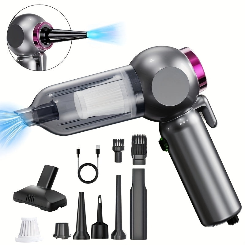 2-in-1 so‘ruvchi va puflovchi, quvvat ko‘rsatkichi, ko‘p funksiyali nozzle, USB orqali zaryadlanadigan, avtomobil, uy, ofis va kichik joylar uchun ixcham dizaynga ega portativ qo‘l vakuum tozalagichi.