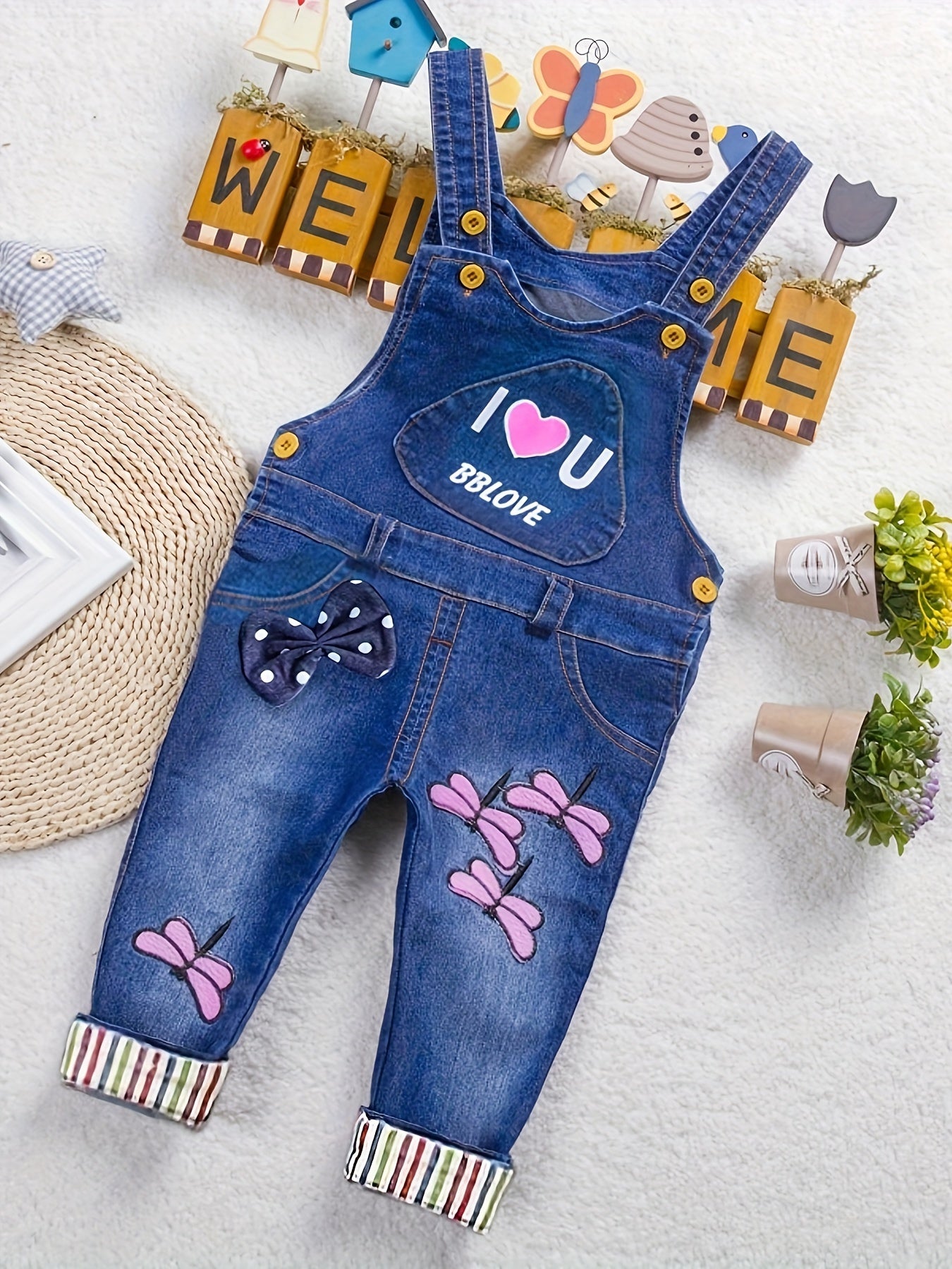 Girls' Denim Work Pants with Carrying Straps and Embroidered Alphabet Pattern