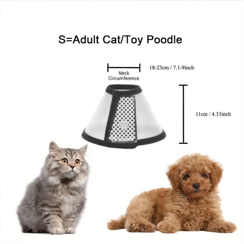 Moslashuvchan yumshoq itlar va mushuklar uchun Elizabethan bo‘yi, chizishdan himoya qilish va tishlashni oldini olish uchun qora chetli tikuv bilan