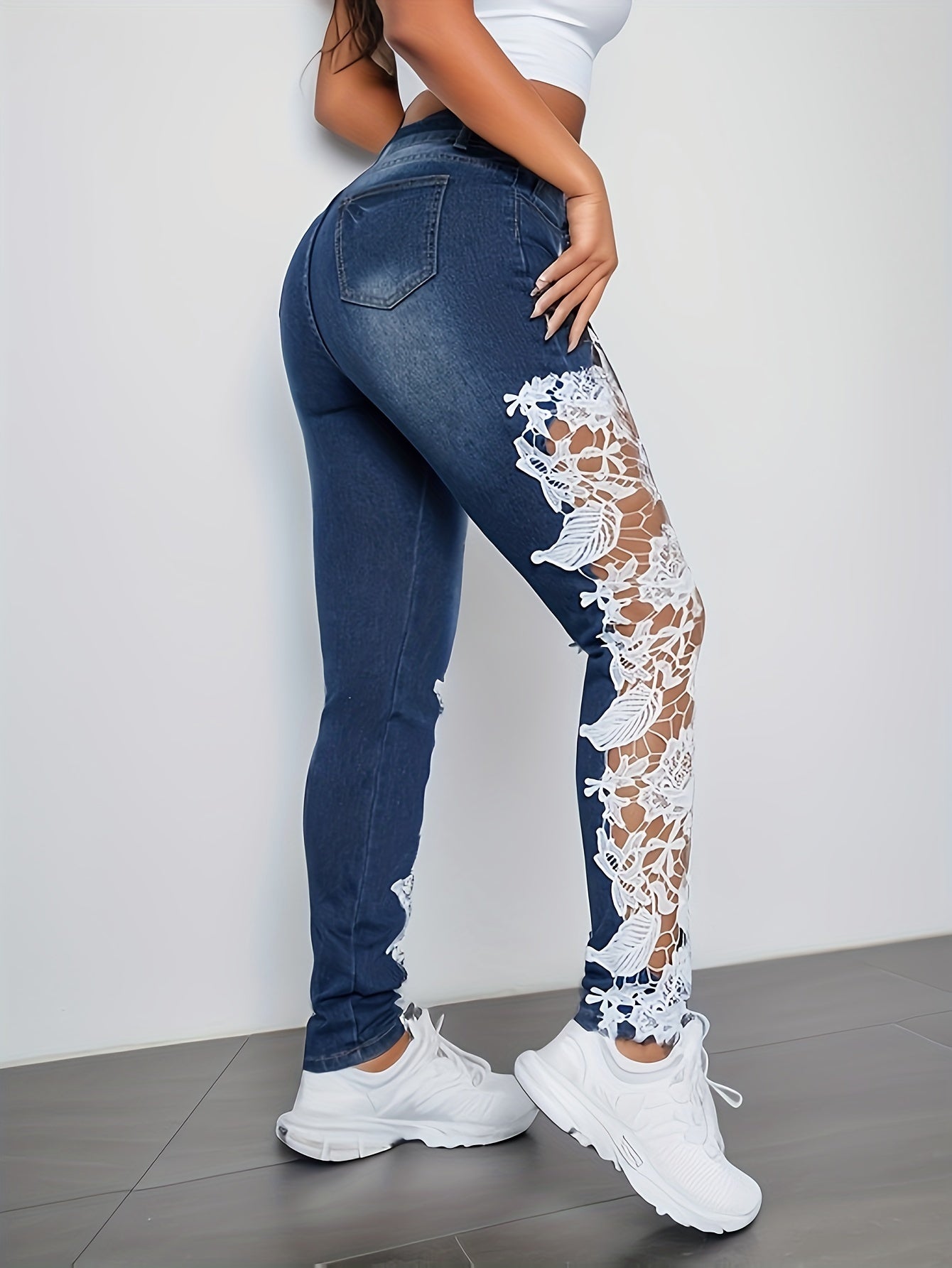 Women's Slim Fit Denim Pants with Lace Contrast Hollow Out Design for Casual Wear