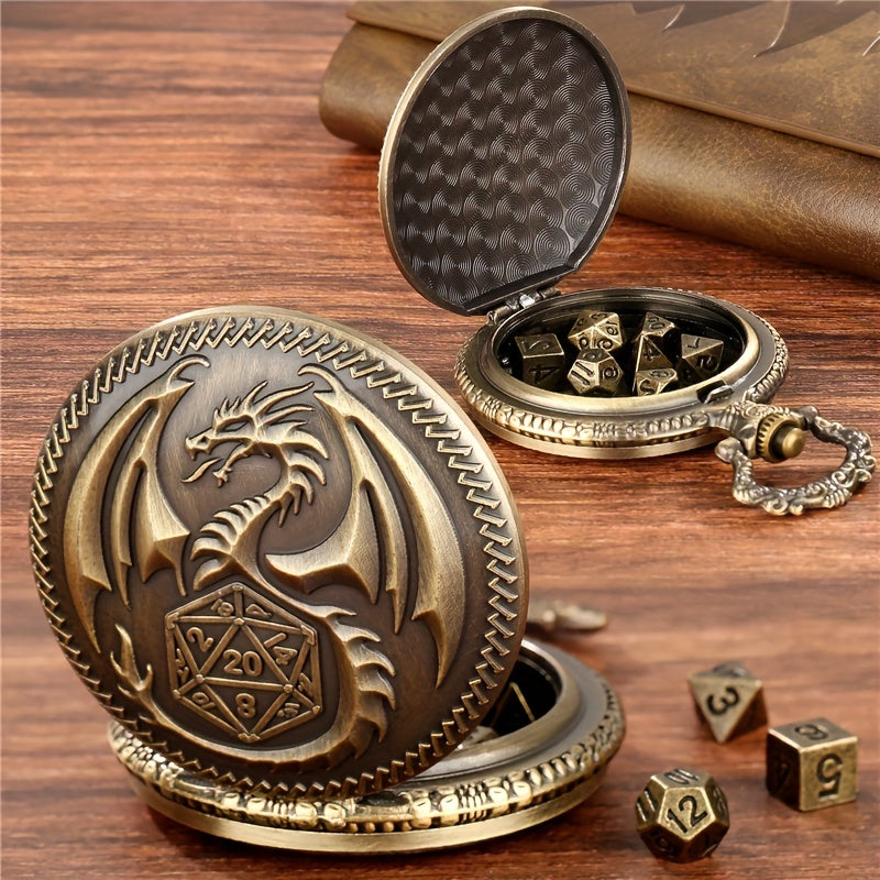 Vintage Dragon Alloy Pocket Watch with Chain and 7-Piece Dice Set for Role-Playing Games