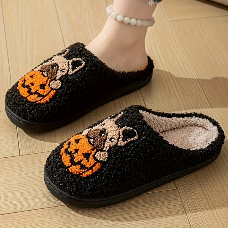 Pantuflas de interior para parejas, patrón de perro de calabaza, tela acogedora, suela antideslizante de TPR