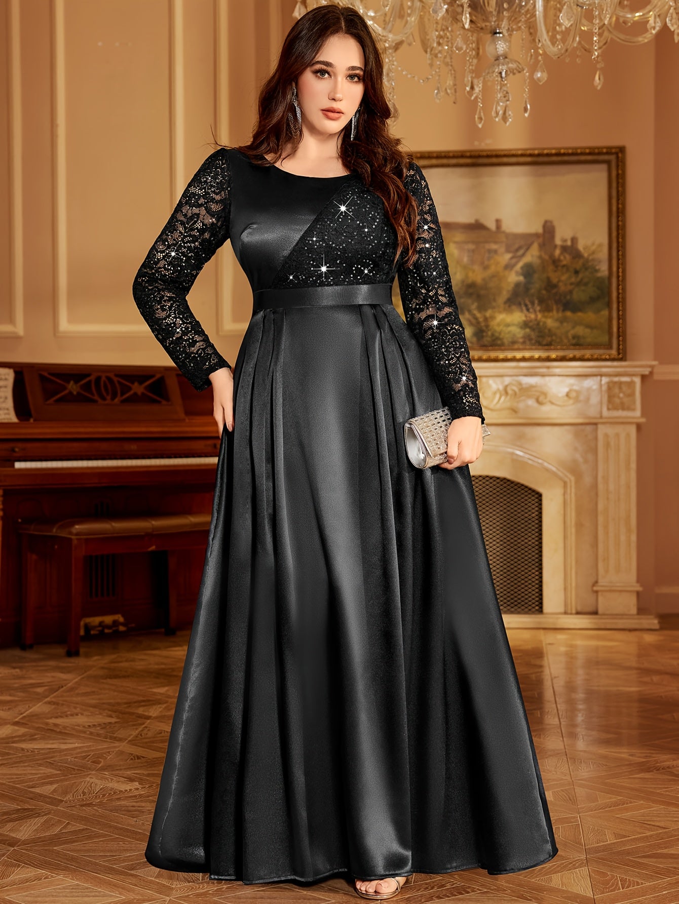 Plus Size Women's Satin Lace Wedding Dress Sequin Embellished Mermaid Evening Gown