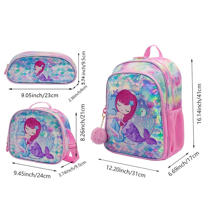 Mermaid Themed School Bag Set for Girls 16 Inch Backpack Lunch Bag Pen Case