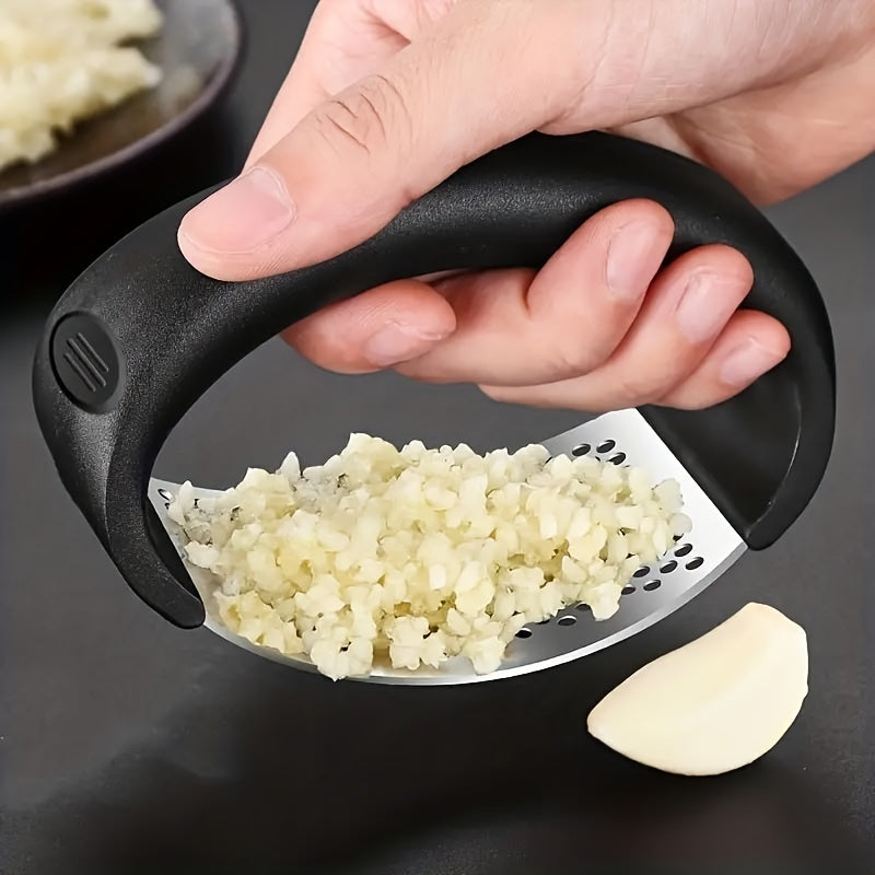 Manual Stainless Steel Garlic Press with Ergonomic Black Handle