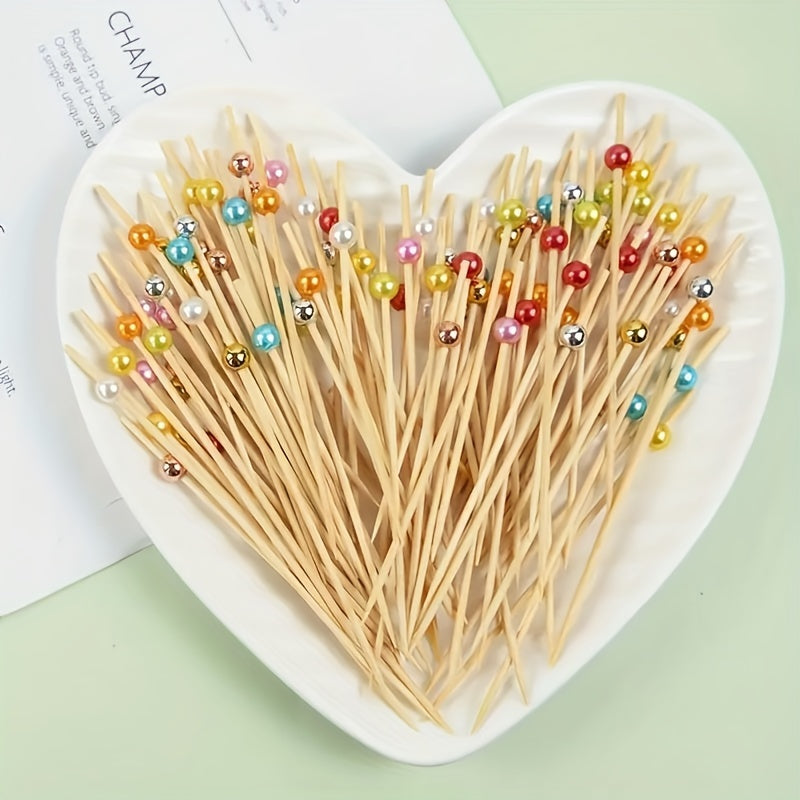 Set of 100 Bamboo Cocktail Picks with Pearls for Appetizers and Fruit Skewers