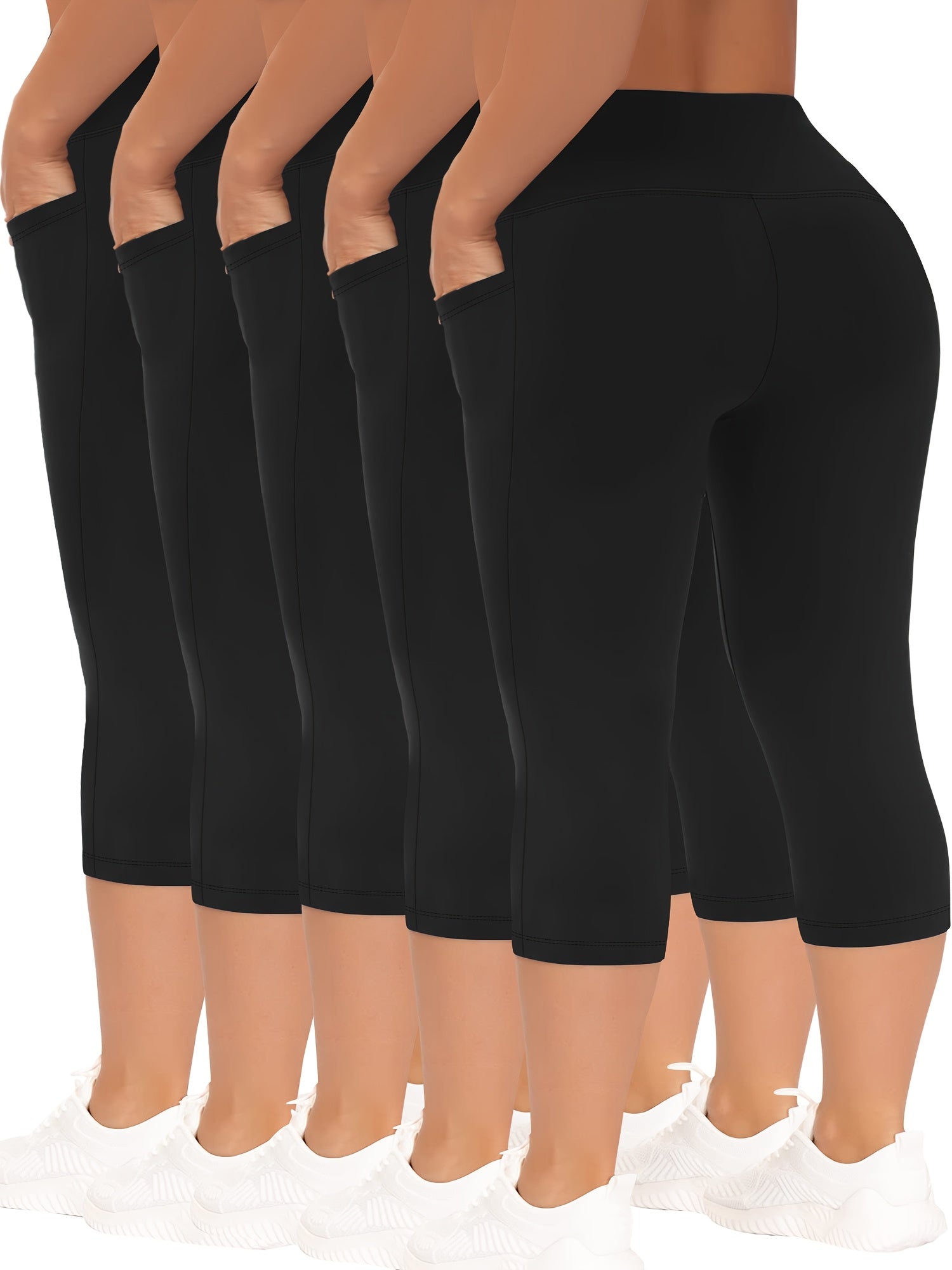 Plus Size High Waist Capri Leggings with Pockets Comfortable Stretch Solid Colors